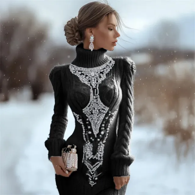 Printed Women's Slim fit High neck Bodycon Dress Sweater Black - Shop at LoveMi