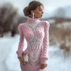 Printed Women's Slim-fit High-neck Bodycon Dress Sweater - Pink - View 1