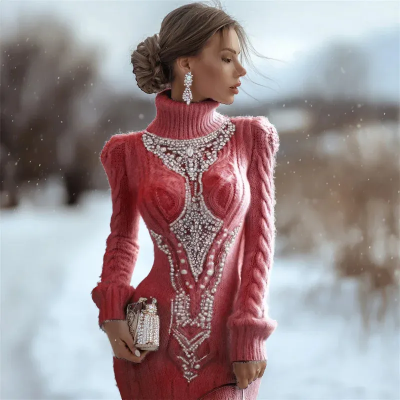 Printed Women's Slim-fit High-neck Bodycon Dress Sweater - Red