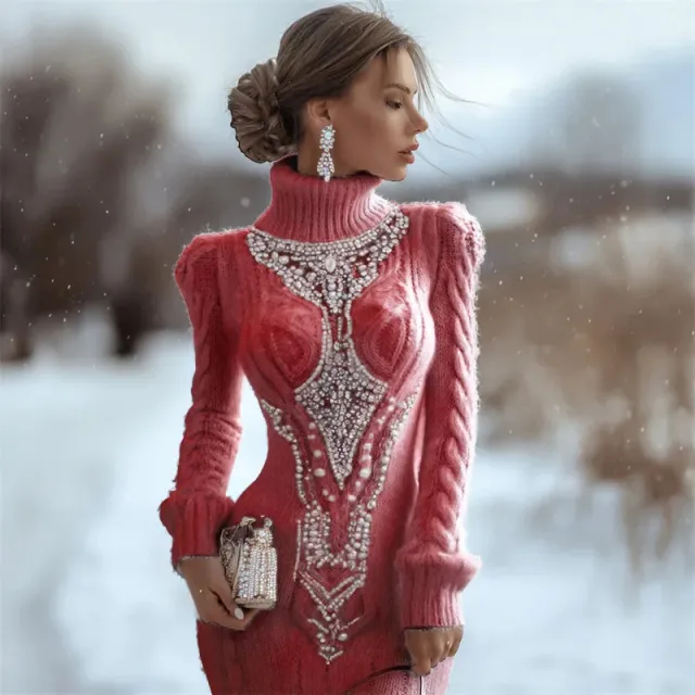 Printed Women's Slim fit High neck Bodycon Dress Sweater Red - Shop at LoveMi