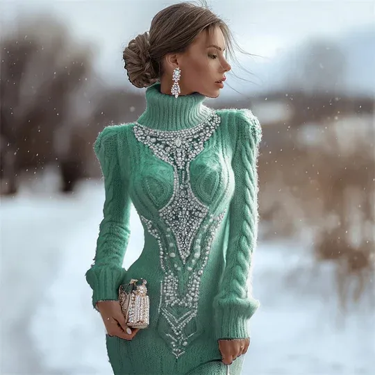 Printed Women's Slim fit High neck Bodycon Dress Sweater Green - Shop at LoveMi