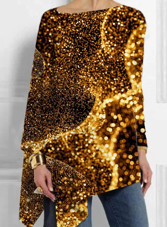Golden Sparkle Art Printed Mid Length Irregular Tops Gold - Shop at LoveMi