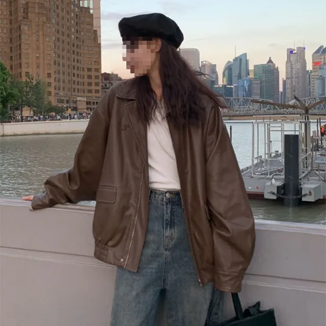 Women's Spring And Fall American Retro Loose Black Motorcycle Leather Jacket Brown - Shop at LoveMi