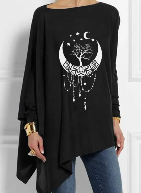 Moon And Tree Printed Women's Casual Tops Black - Shop at LoveMi