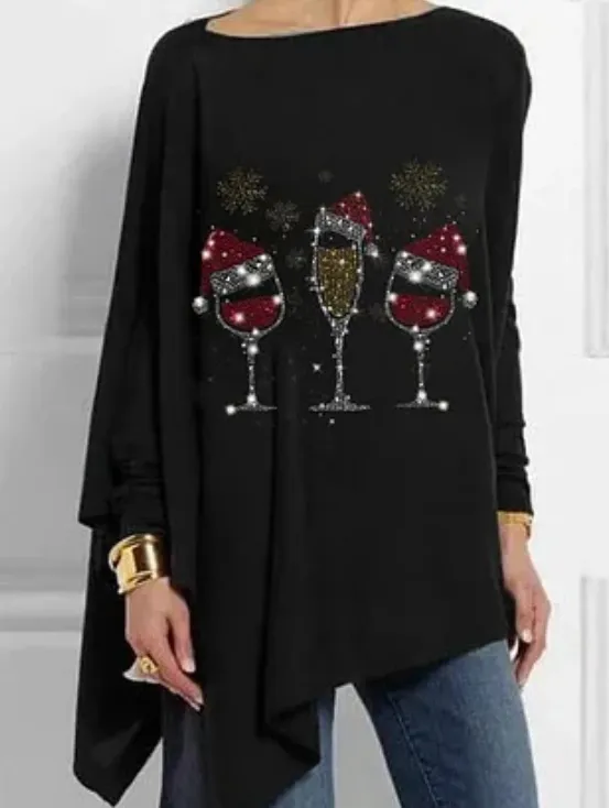 Christmas Wine Glass Print Mid-Length Irregular Tops - Wine