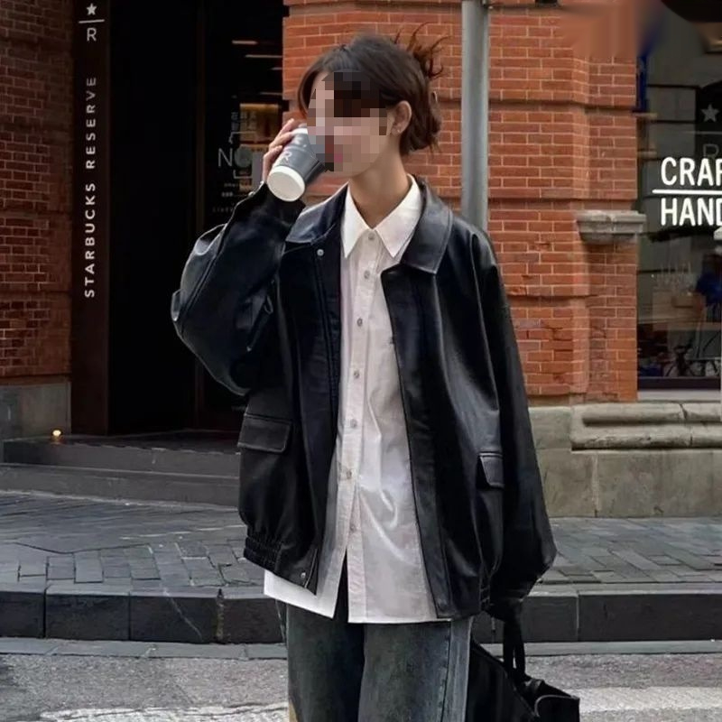 Women's Spring And Fall American Retro Loose Black Motorcycle Leather Jacket