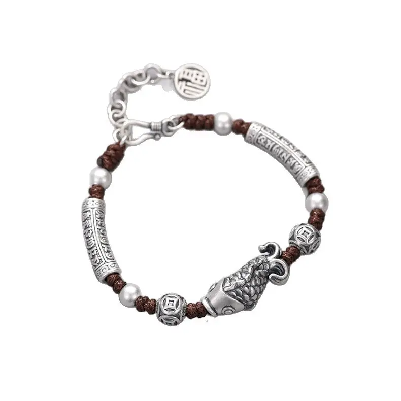 Lucky Koi Pure Handmade Vintage Aged Six-Character Curved Pipe Bracelet