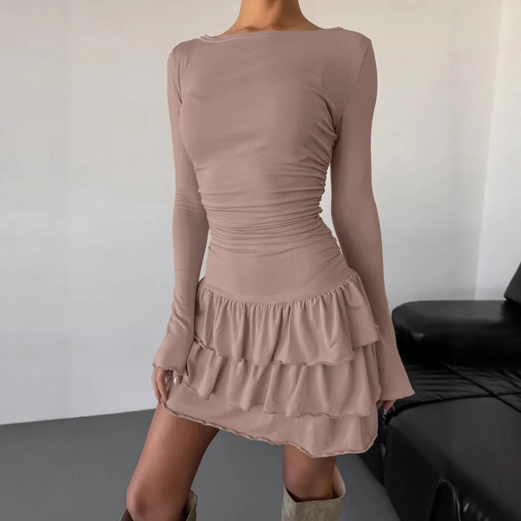 Autumn And Winter Solid Color Slim Fit Slimming Temperament Long Sleeve Dress - Khaki
