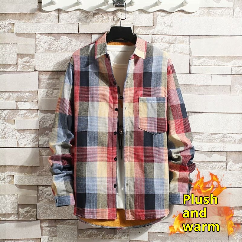 $12.73 Fleece-lined Thickened Winter Men's Plaid Long-sleeve Shirt