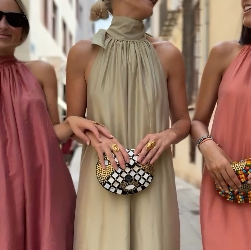 New Advanced Elegant Lady Style Tie Dress Simple Solid Color Champagne M - Shop at LoveMi