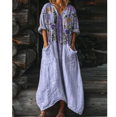 Women's Vintage Floral Art Pattern Print Pocket V neck Pocket Dress 14 Models - Shop at LoveMi