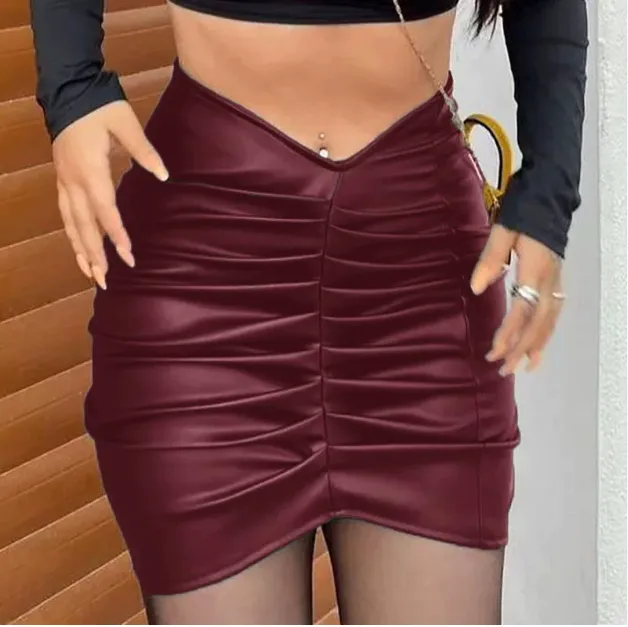 European And American Style Fashion Temperament Pure Color Pleated PU Sheath Skirt Wine Red - Shop at LoveMi