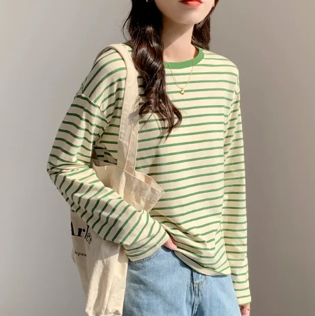 Western Style Inner Wear Long Sleeve Bottoming Shirt Slimming Early Autumn Top Fruit Green Stripes - Shop at LoveMi