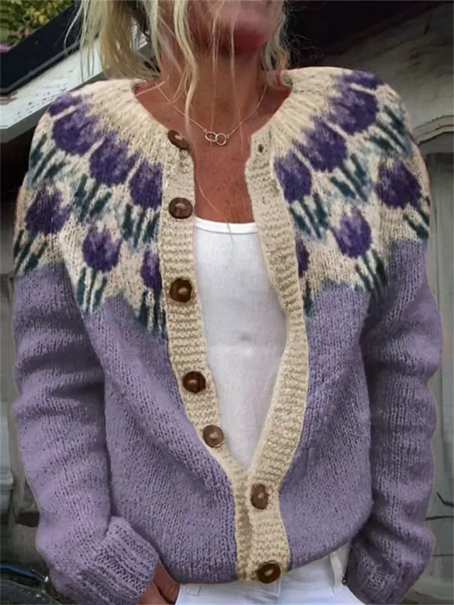 Cardigan Color blocked Loose fitting Fashionable Knitwear Purple - Shop at LoveMi