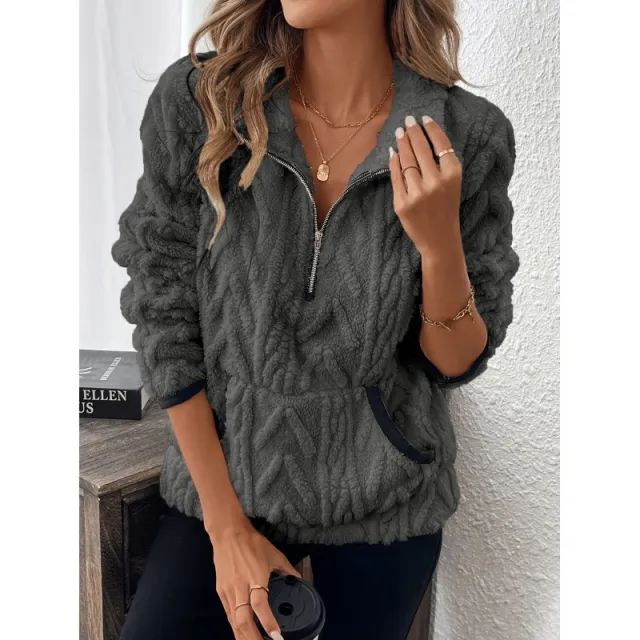 Lapel Classic Style Jacquard Half Zipper Plush Pocket For Women Grey - Shop at LoveMi