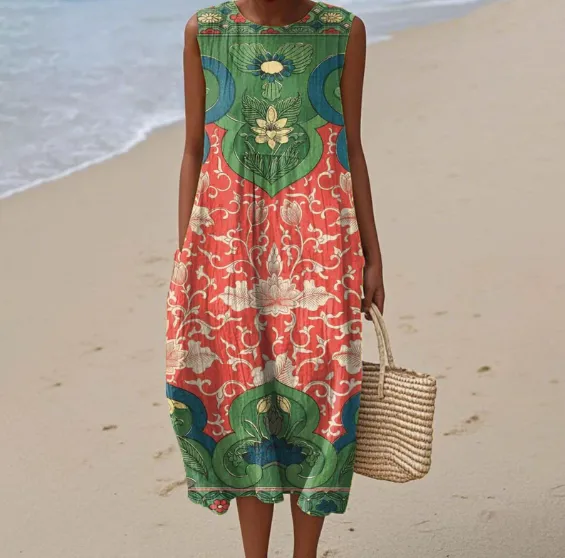 Sleeveless Casual Printed Temperament Long Skirt Dress - 3 Styles-4Xl