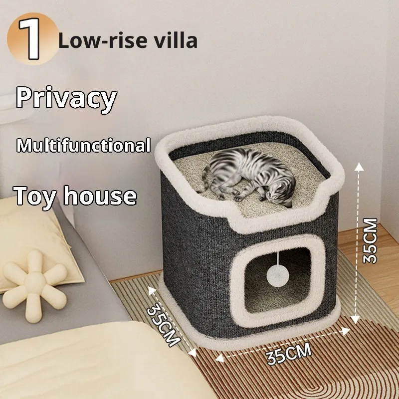 Cat Climbing Frame Scratching Post Nest Semi-enclosed Square Tree Hole Pet Cat Villa All-season Warm Cat House - Square