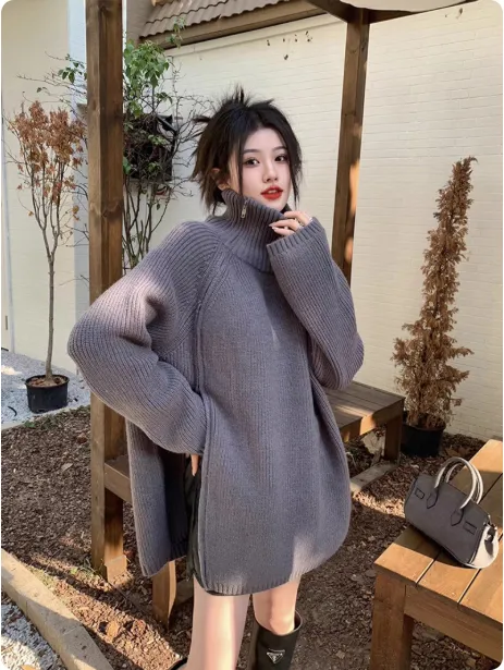 Double headed Zipper Turtleneck Sweater Coat Loose Plus Size Knitwear Dark Grey - Shop at LoveMi