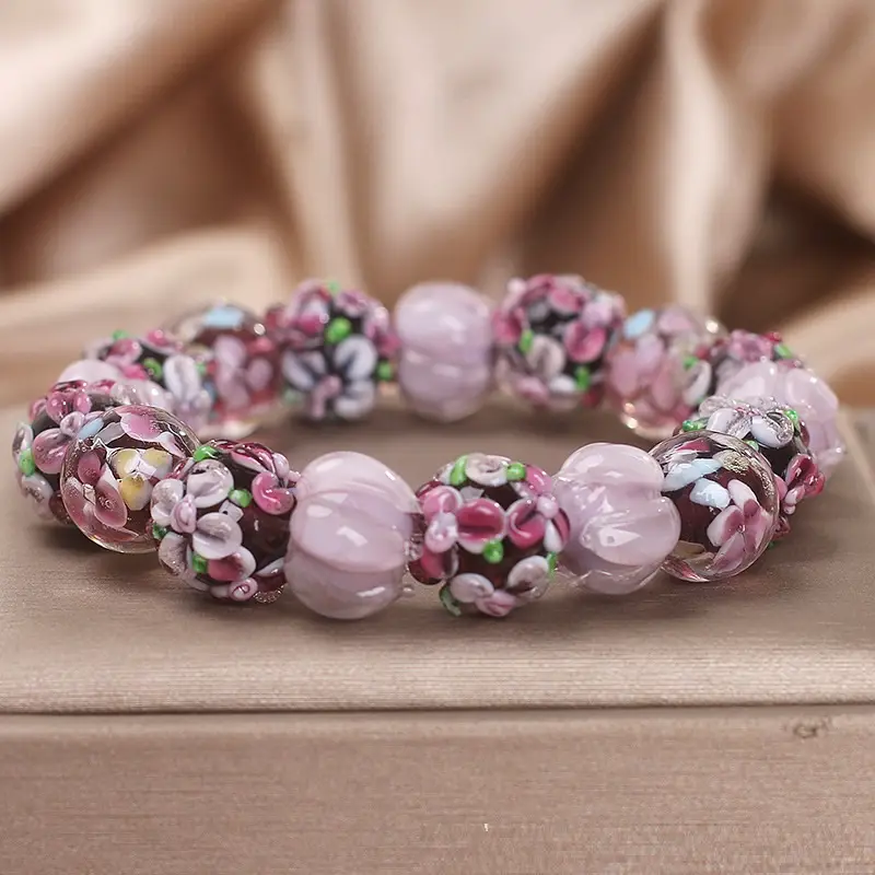 Chinese-style Purple Floral Glass Bead Bracelet For Women