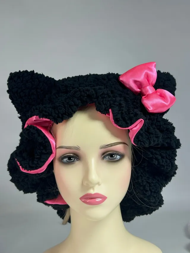 Cat Ear Bow Cashmere Sleeper Hat Adjustable Plush Hat Black - Shop at LoveMi