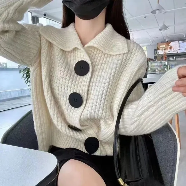 Idle Style Cotton Sweater Coat Women's Wide Loose Lapel White - Shop at LoveMi