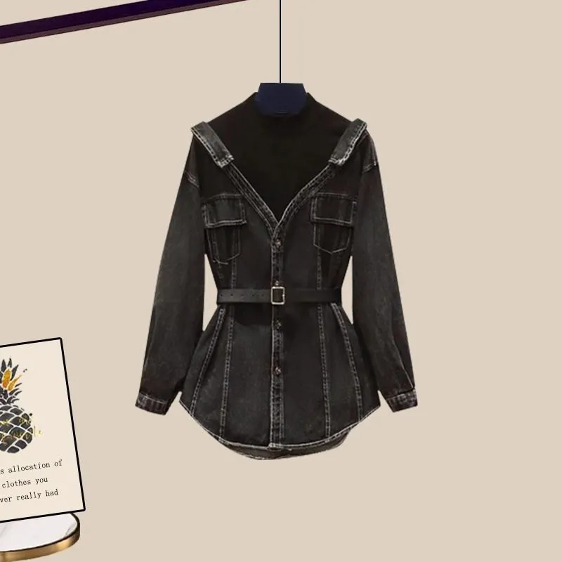 Women's Fashion Waist-Cinching Fake Two-Piece Long Sleeve Denim Jacket - Black