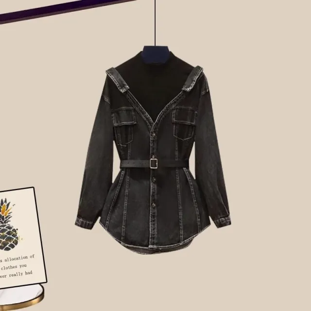 Women's Fashion Waist Cinching Fake Two Piece Long Sleeve Denim Jacket Black - Shop at LoveMi