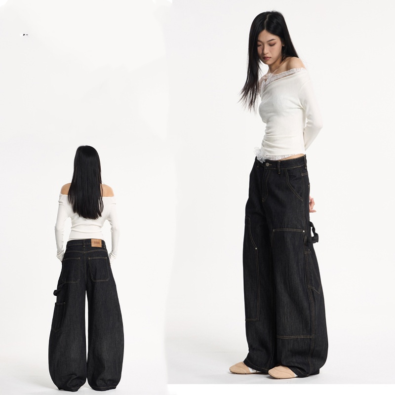 A-shaped Wide-leg Double-knee Raw Denim Workwear Jeans