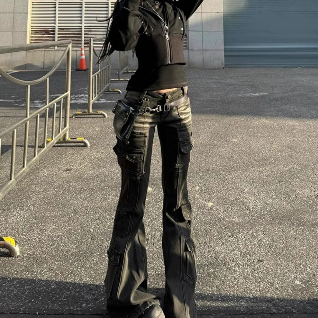 American Retro Multi-pocket Low-waist Slightly Flared Pants