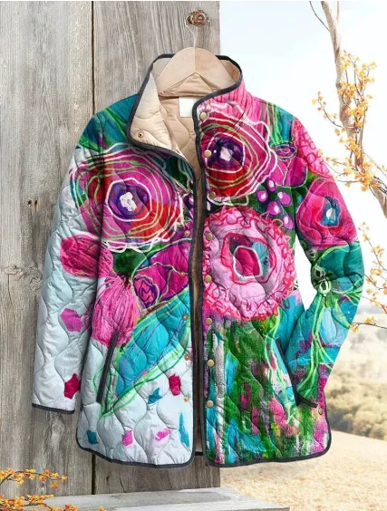 Women's Fashion Tuck Cotton Digital Printed Cotton-padded Jacket - Style 16