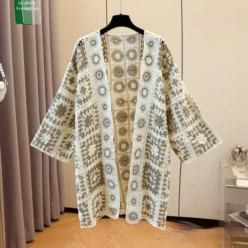 Ladies' Loose Embroidered Thin Knit Cardigan - Brown