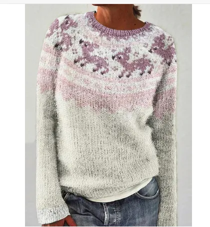 Round Neck Multicolor Loose Fashion Sweater Women - White Pink