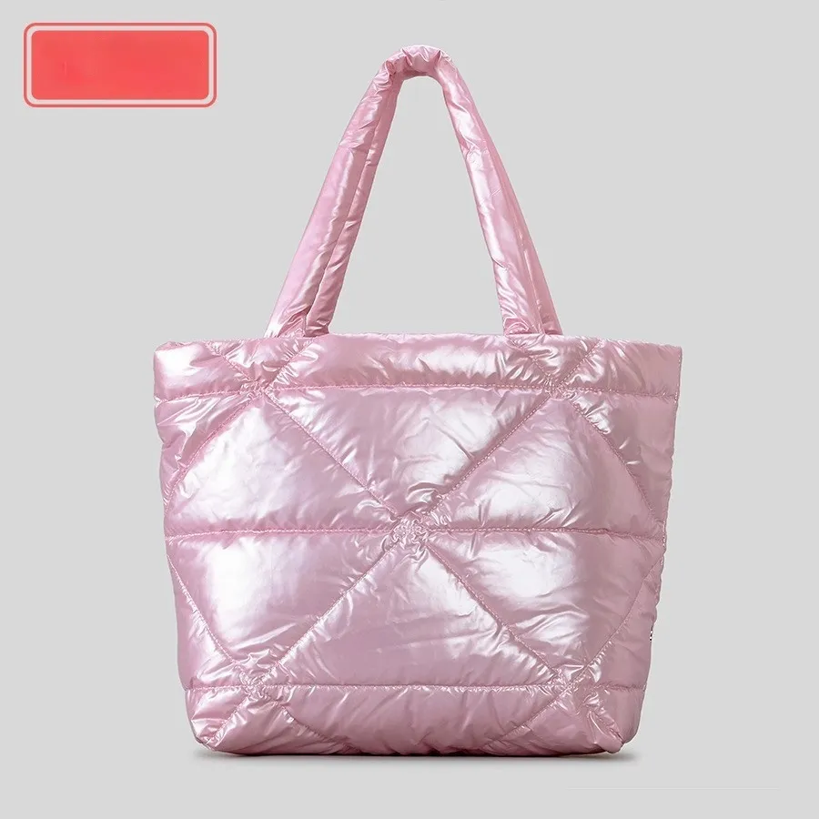 Large Capacity Minimalist Diamond-stitched Down Cotton Shoulder Bag - Pink