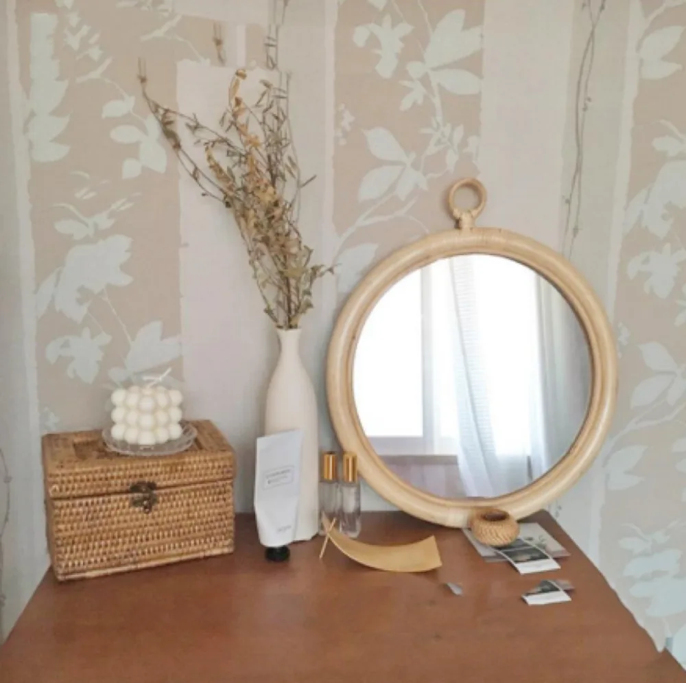 Round Vintage Rattan Korean Handmade Makeup Mirror