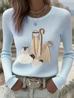 Women's Versatile Casual Blended Jacquard Embroidered Long-sleeve Sweater - Blue - View 1