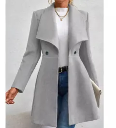 Slim-fit Long Fashion Lapel Women's Wool Coat - Grey - View 1