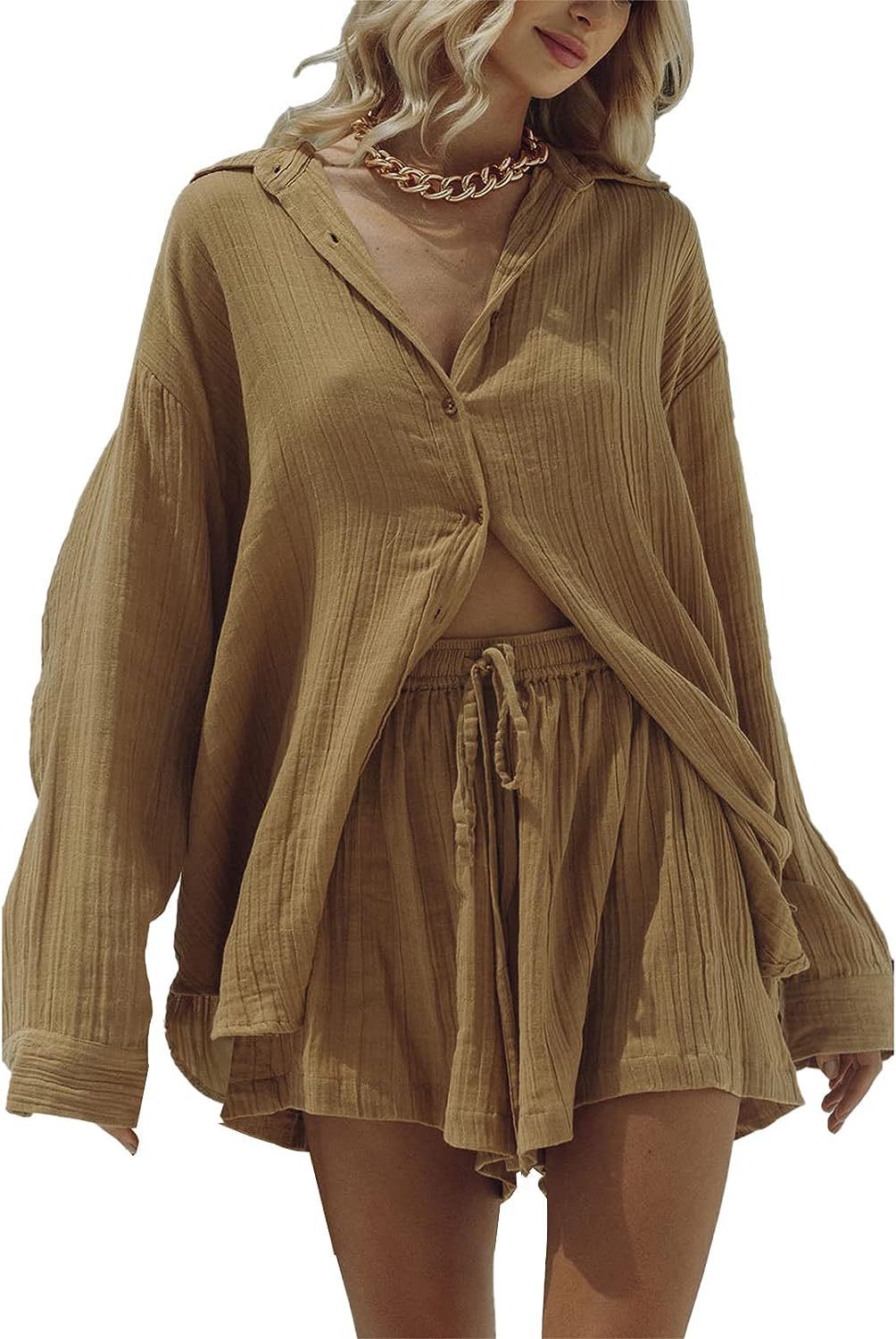 Long Sleeve Loose, Comfortable And Breathable Shorts Pajamas Homewear Light Brown - Shop at LoveMi
