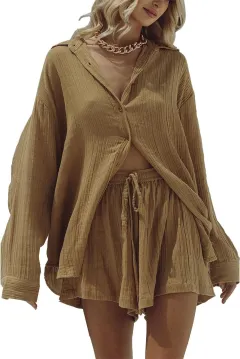 Long Sleeve Loose, Comfortable And Breathable Shorts Pajamas Homewear - Light Brown - View 1