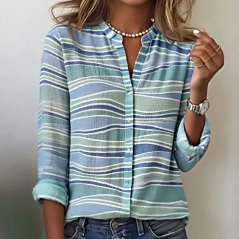 Women's Lake Blue Long Sleeve Shirt Top - Blue