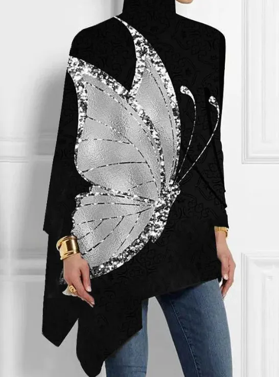 Butterfly Print Turtleneck Asymmetrical Top For Spring Autumn - Black