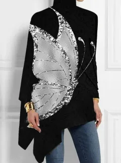 Butterfly Print Turtleneck Asymmetrical Top For Spring Autumn - Black - View 1