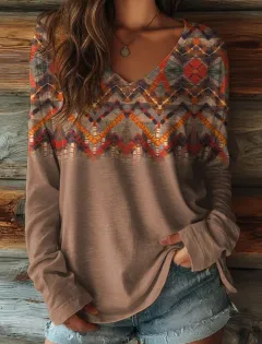 Women's Retro Pattern Print Casual V-neck Long Sleeve T-shirt - Brown - View 1