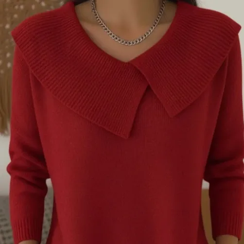Women's Solid Color Casual V-neck Long Sleeved Sweater - Red