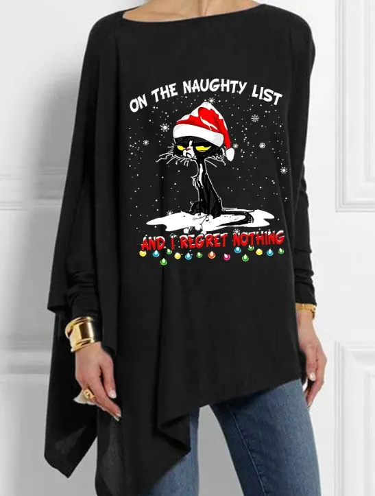 On The Naughty List Printed Women's Casual Tops - Black