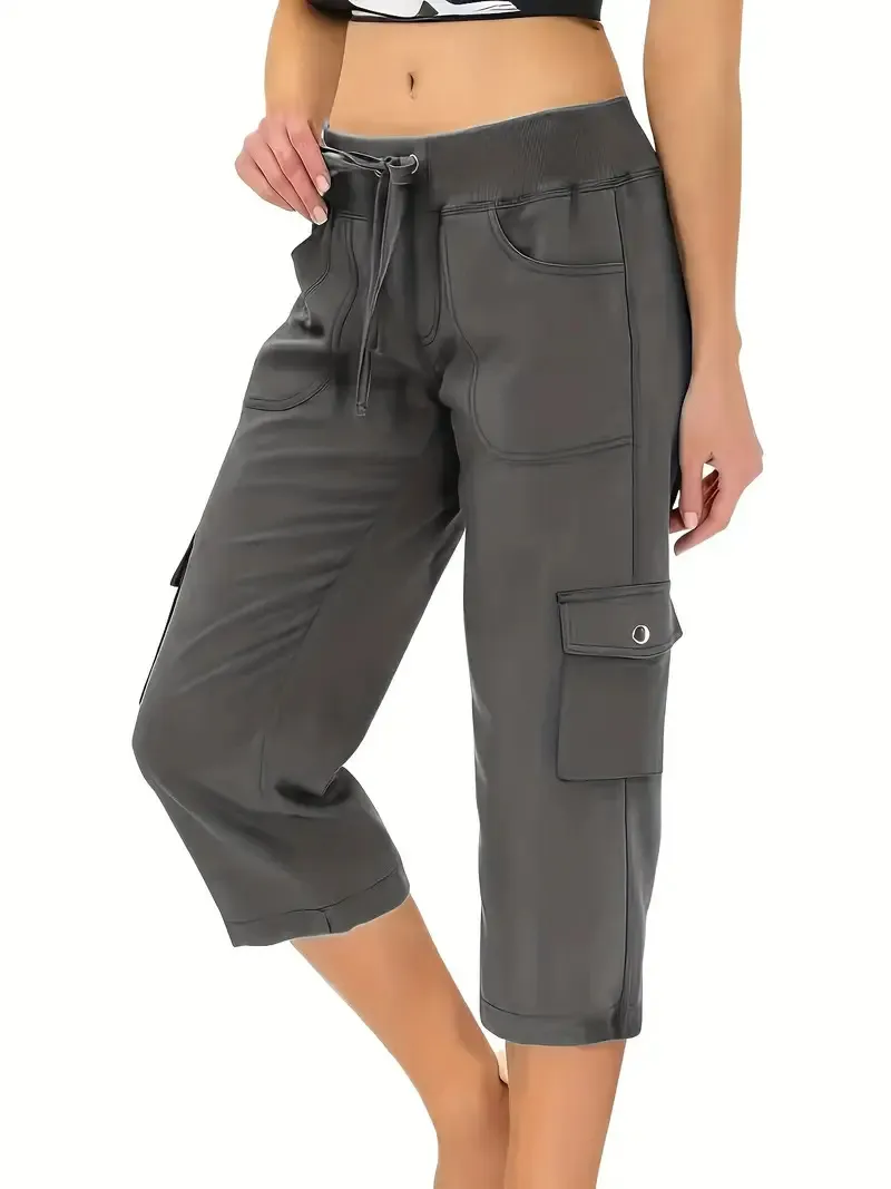 Women's Solid Color Drawstring Fitness Running Cropped Pants - Grey