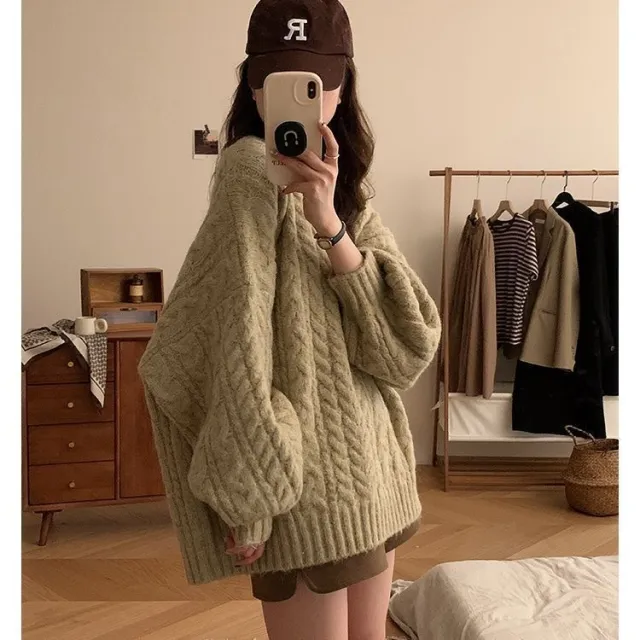Idle Style Korean Style Loose Sweater Coat Women Mustard Seed Matcha Green - Shop at LoveMi