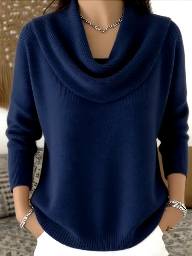 Autumn And Winter New Solid Color Long sleeved Sweater Navy - Shop at LoveMi