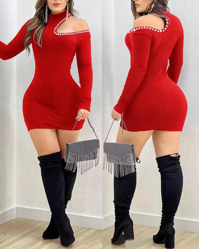 Hollow-out Hotfix Midi Dress For Women - Red