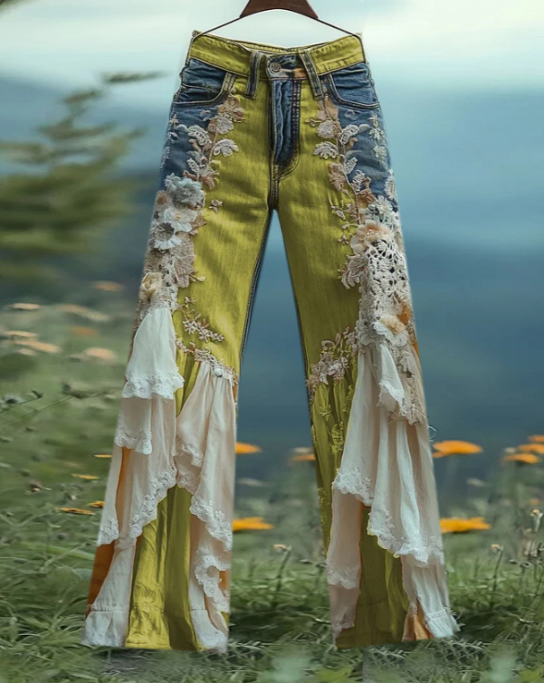Women's Leisure Fashion Retro Print High-Waisted Pants, Comfortable Fake Jeans That Can Slim The Legs
