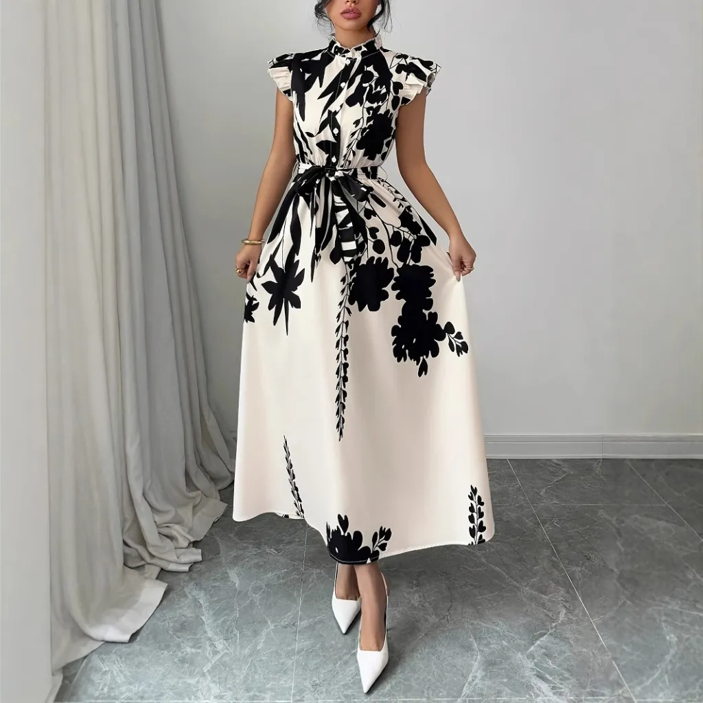Ethnic Style Printed Small Stand-collar Button-front Long Dress - Apricot